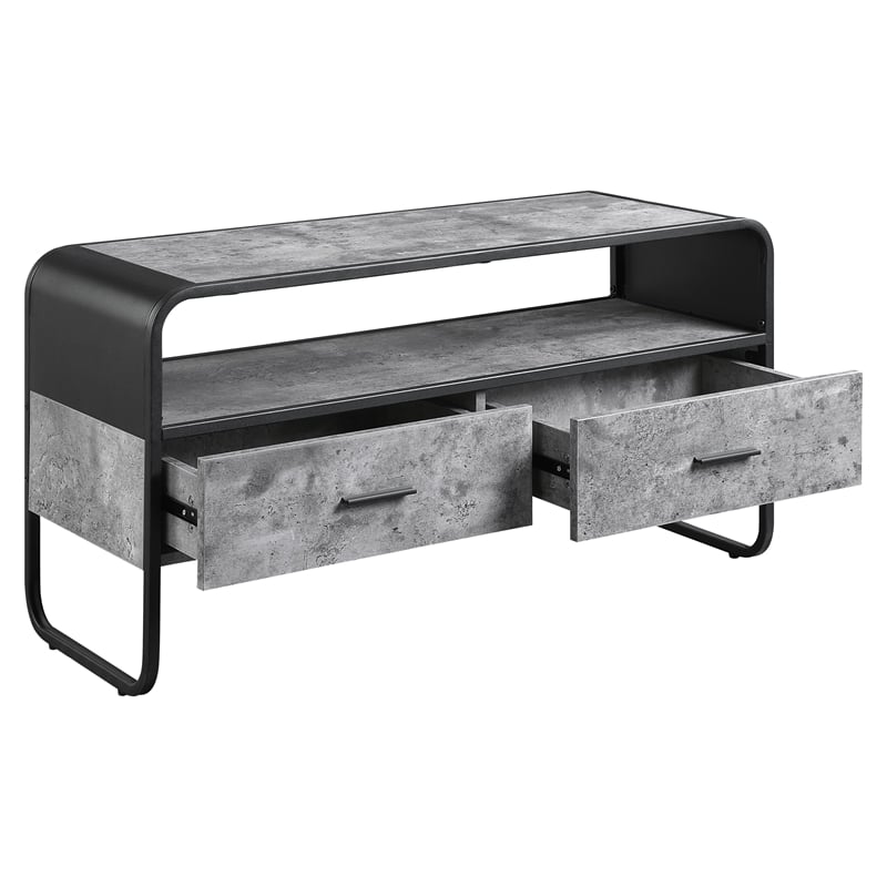 acme raziela storage tv stand in concrete gray and black metal frame