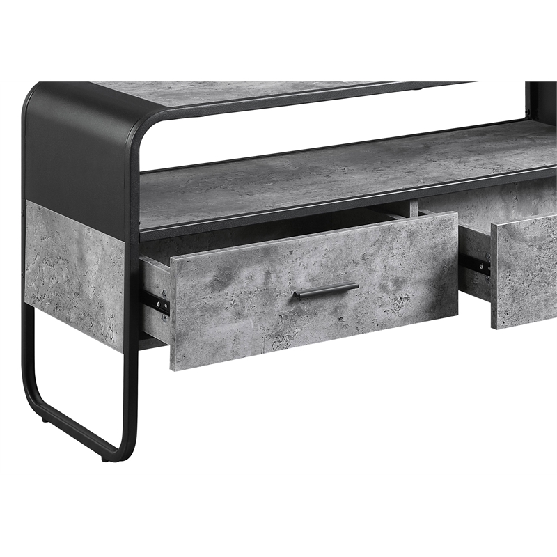 acme raziela storage tv stand in concrete gray and black metal frame