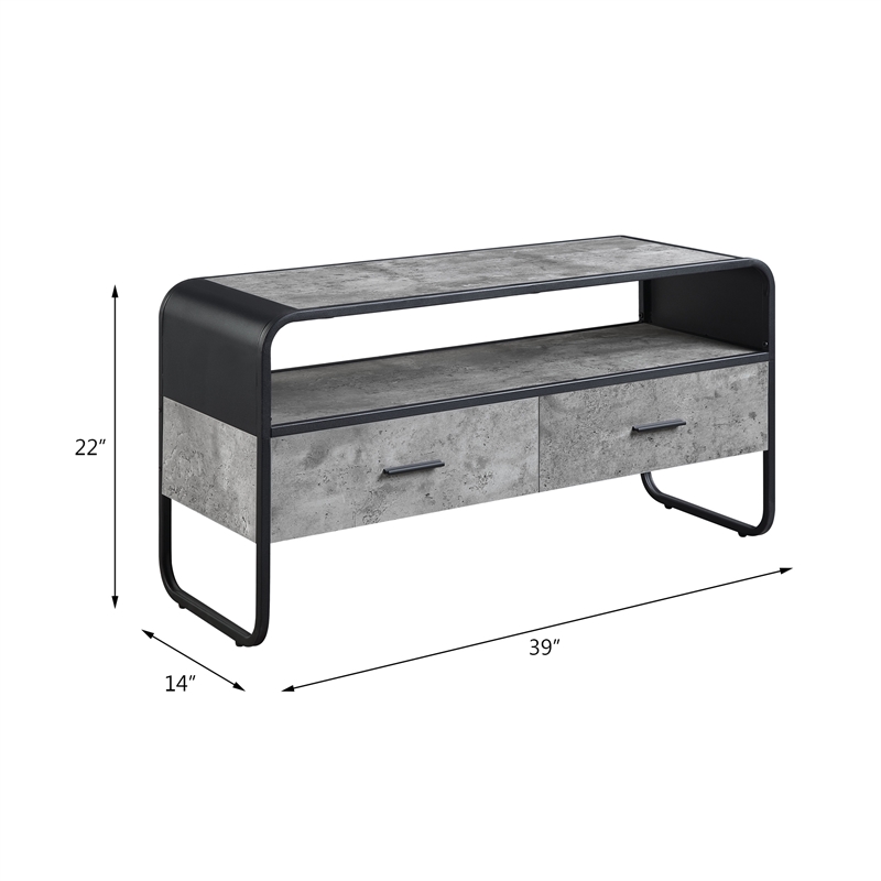 acme raziela storage tv stand in concrete gray and black metal frame