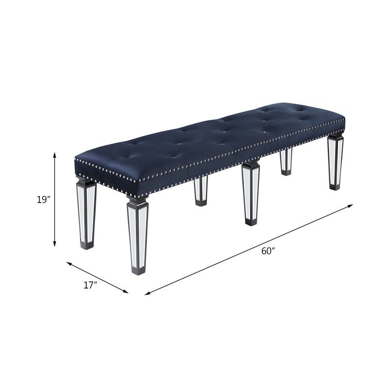 ACME Varian II Bench in Dark Navy Velvet and Black and Silver Finish