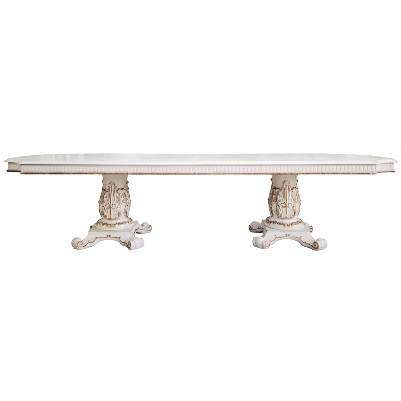 ACME Vendome Wood Dining Table with Double Pedestal in Antique Pearl