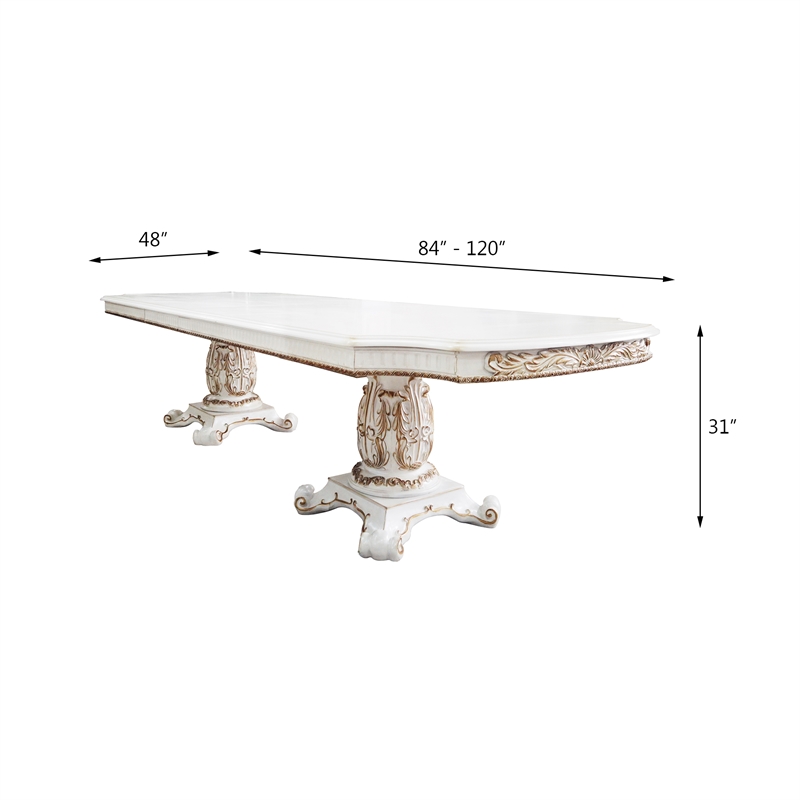ACME Vendome Wood Dining Table with Double Pedestal in Antique Pearl