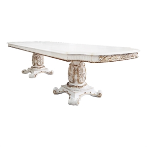 ACME Vendome Wooden Dining Table with Double Pedestal in Antique Pearl