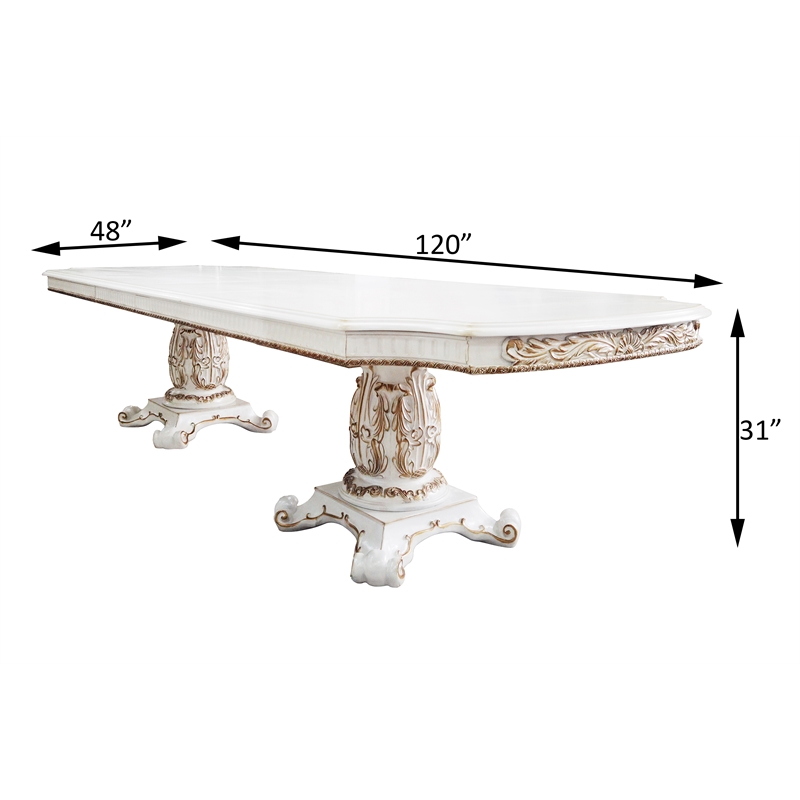ACME Vendome Wood Dining Table with Double Pedestal in Antique Pearl
