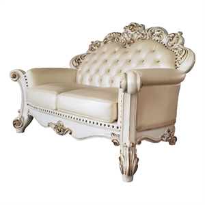 acme vendome loveseat with 3 pillows in champagne pu & antique pearl finsih