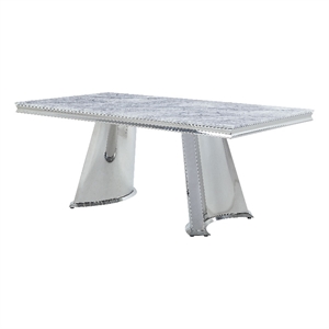 acme destry dining table in faux marble top & mirrored silver finish