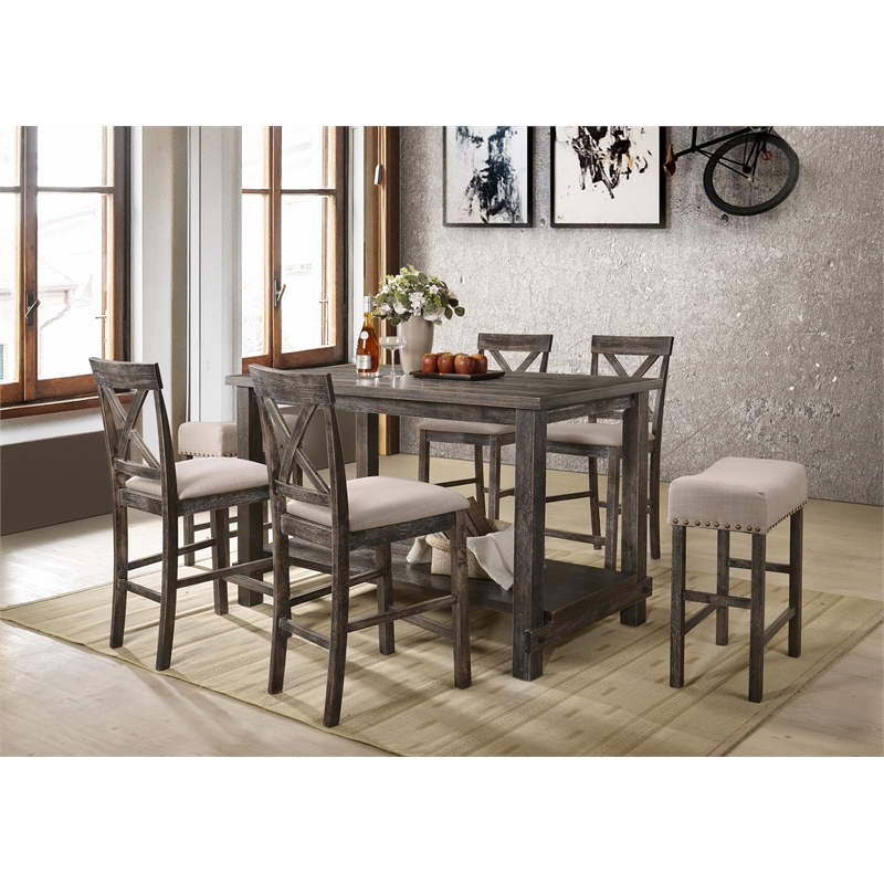 ACME Martha II Counter Height Stool in Tan Linen and Weathered Gray (Set of 2)