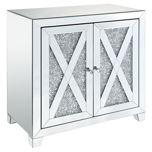 acme noralie 2-door console table in mirrored and faux diamonds