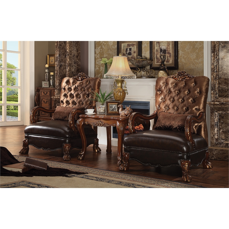 ACME Dresden Traditional Upholstered Chair in Golden Brown Velvet and Cherry Oak
