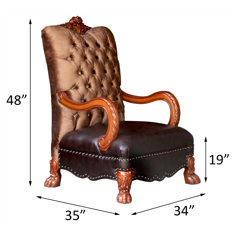 ACME Dresden Traditional Upholstered Chair in Golden Brown Velvet and Cherry Oak