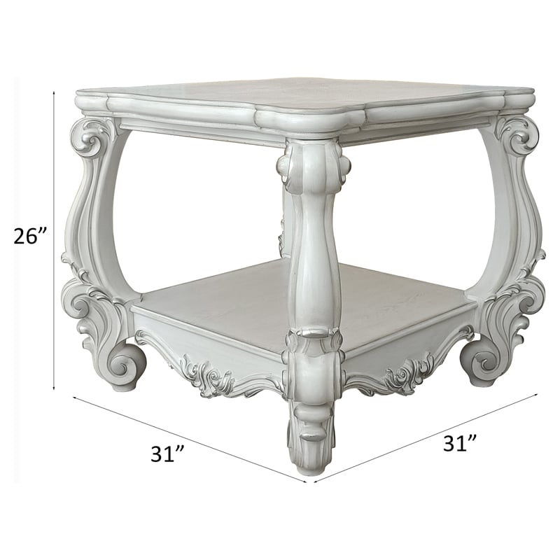 ACME Versailles Square Wood End Table with Bottom Shelf in Bone White