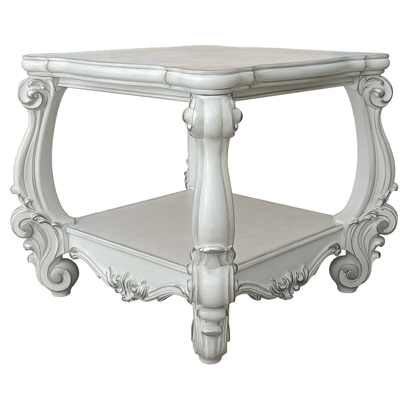 ACME Versailles Square Wood End Table with Bottom Shelf in Bone White