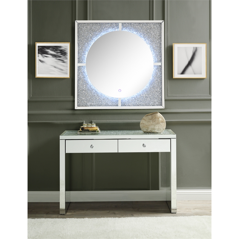 ACME Noralie 2-Drawer 2-Door Console Table in Mirrored and Faux Diamonds