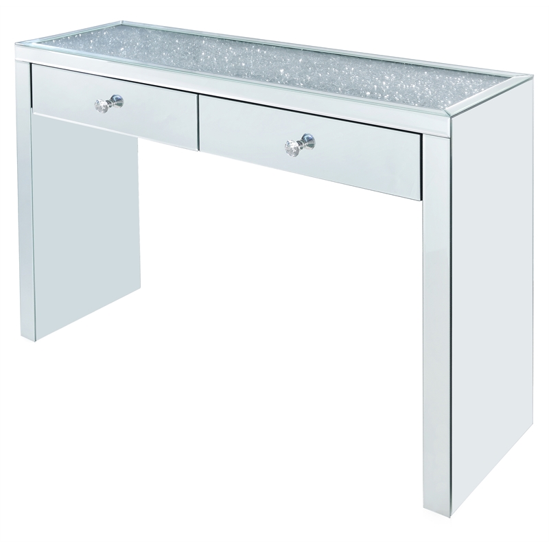 ACME Noralie 2-Drawer 2-Door Console Table in Mirrored and Faux Diamonds