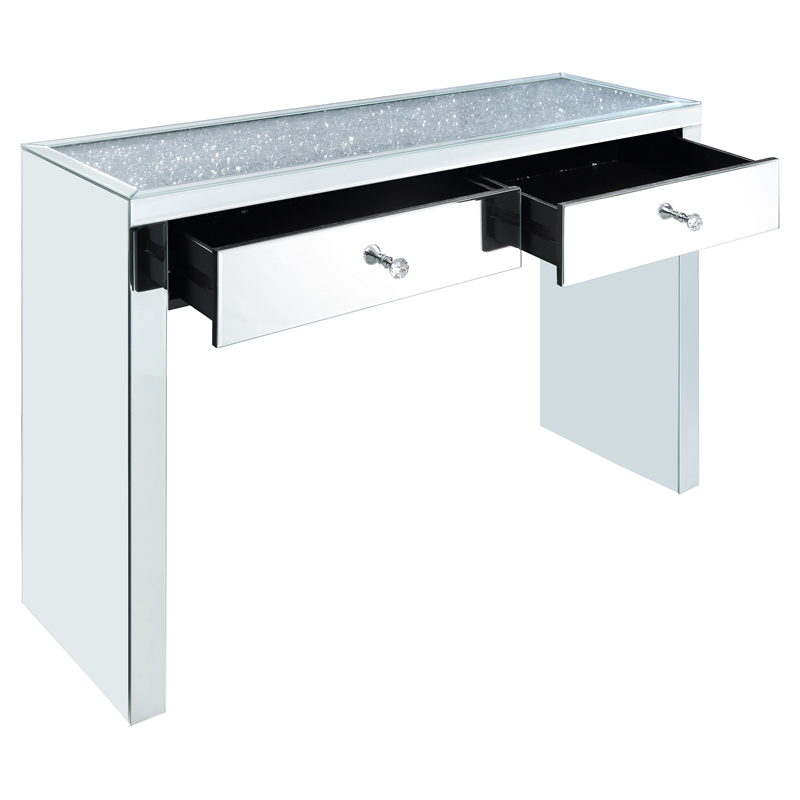 ACME Noralie 2-Drawer 2-Door Console Table in Mirrored and Faux Diamonds