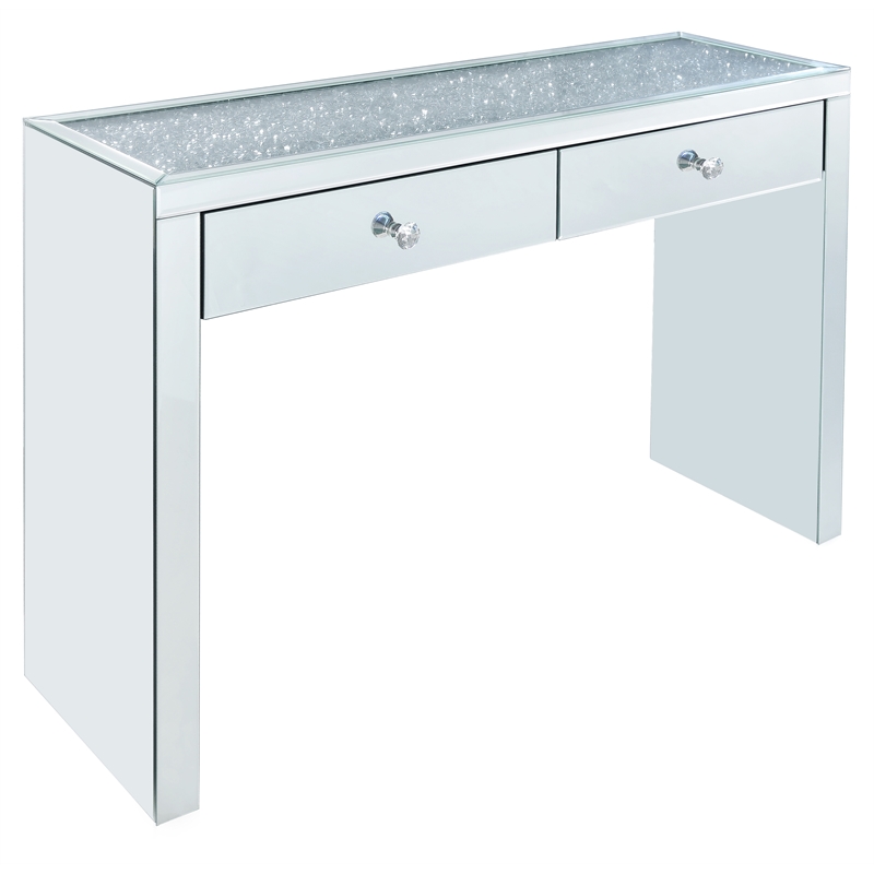ACME Noralie 2-Drawer 2-Door Console Table in Mirrored and Faux Diamonds