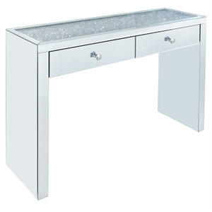 acme noralie 2-drawer 2-door console table in mirrored and faux diamonds