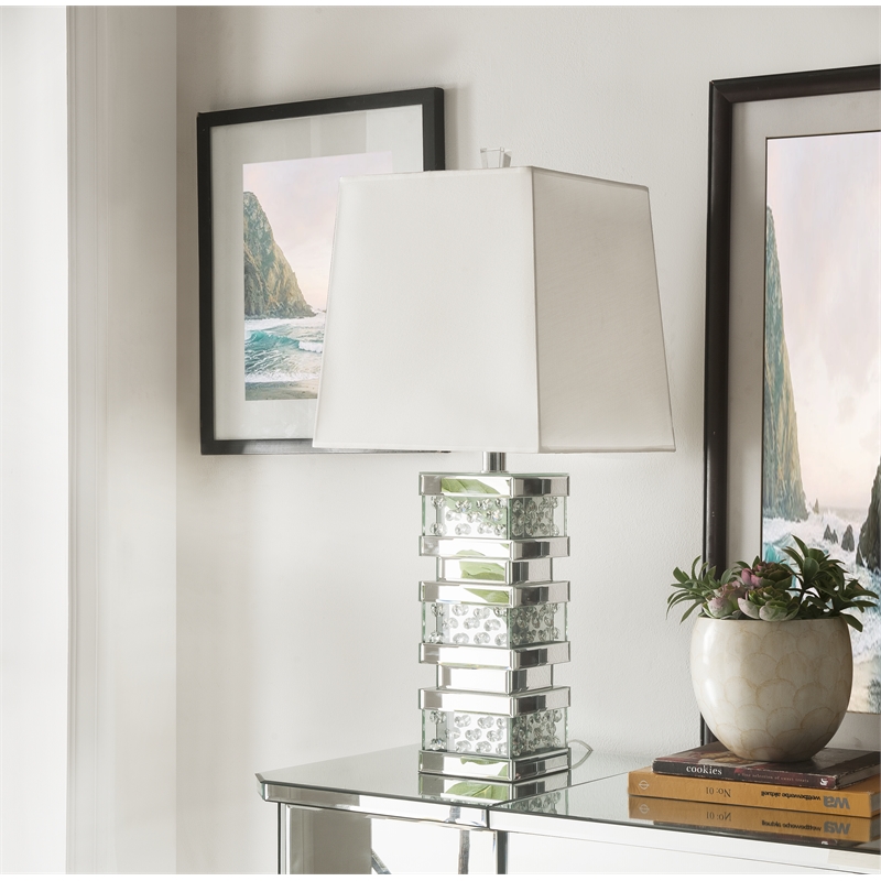 ACME Nysa Square Table Lamp in White Fabric and Mirrored