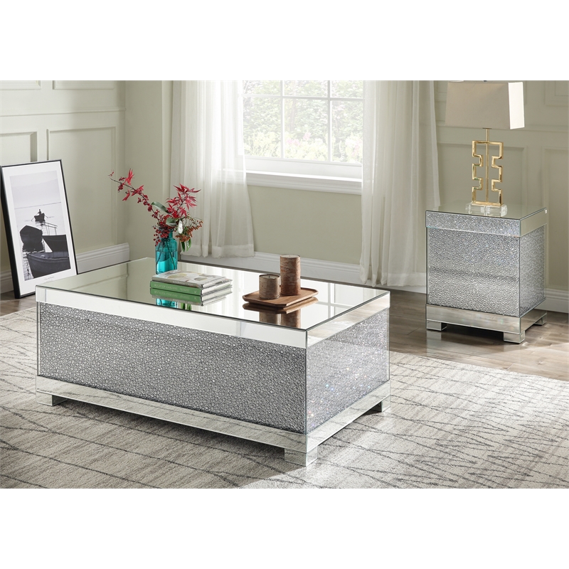 ACME Mallika Square End Table in Mirrored and Faux Crystals