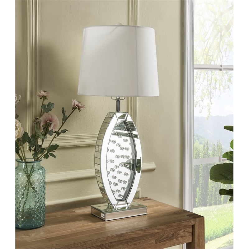 ACME Nysa Drum Shape Table Lamp in White Fabric and Mirrored