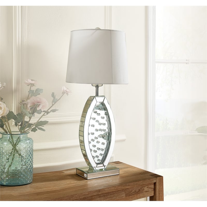 ACME Nysa Drum Shape Table Lamp in White Fabric and Mirrored