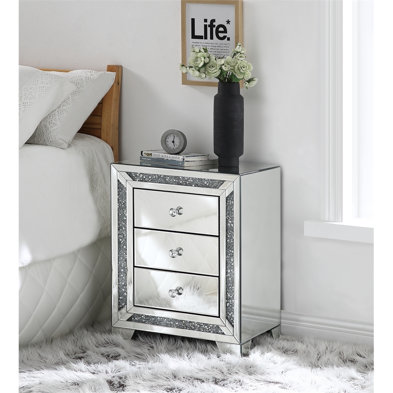 ACME Noralie 3-Drawer Accent Table in Mirrored and Faux Diamonds