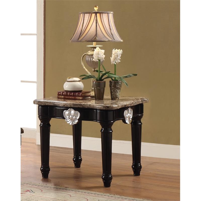 ACME Ernestine Marble Top End Table with Carved in Black