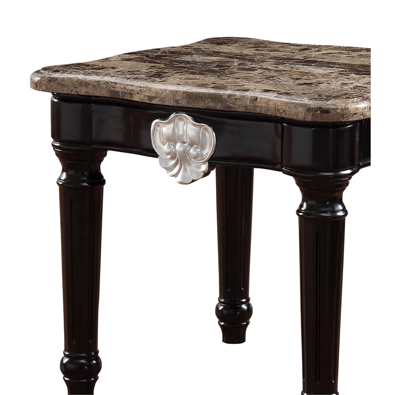 ACME Ernestine Marble Top End Table with Carved in Black