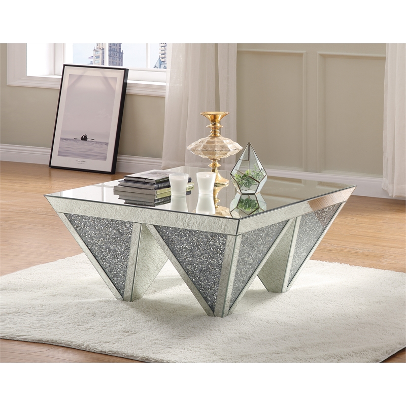 ACME Noralie Square Coffee Table in Mirrored and Faux Diamonds