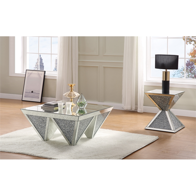 ACME Noralie Square Coffee Table in Mirrored and Faux Diamonds
