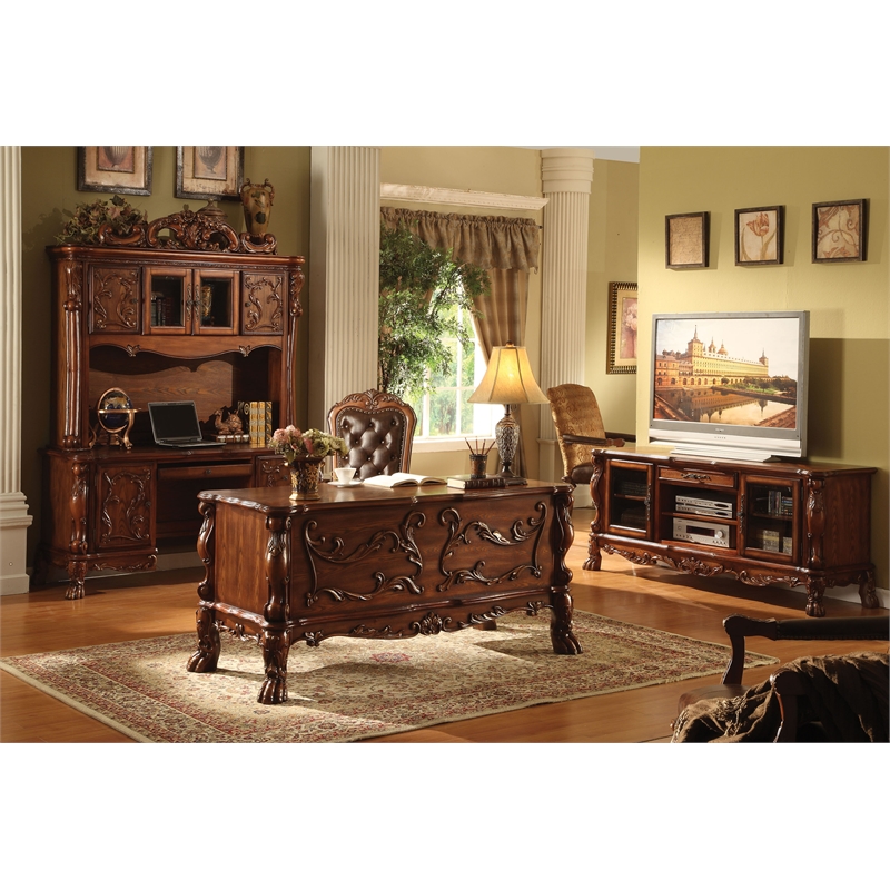 ACME Dresden Faux Leather Office Chair with High Back in Brown and Cherry Oak