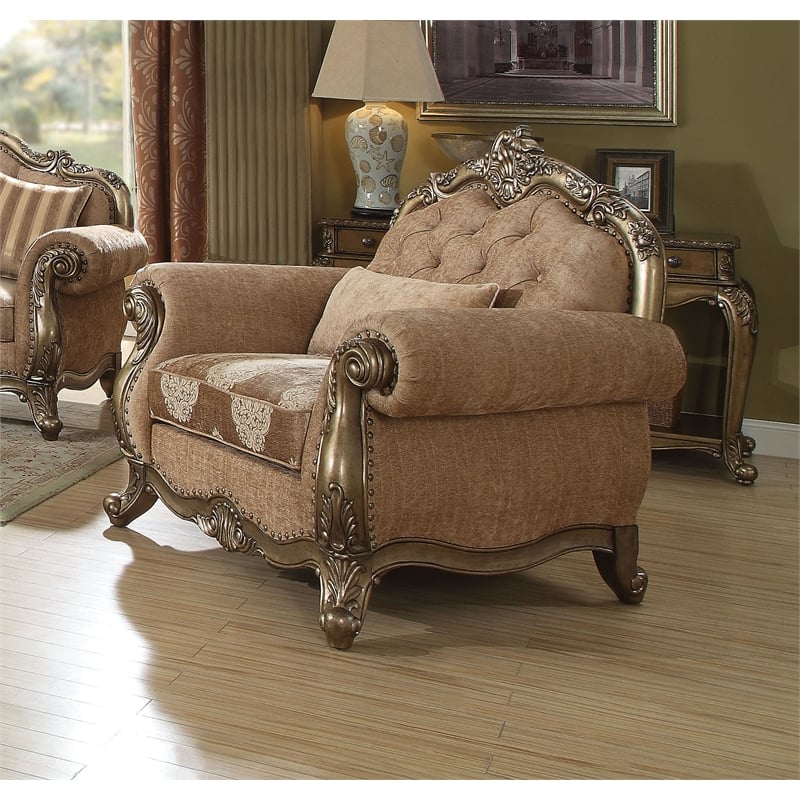 ACME Ragenardus Fabric Upholstery Floral Chair in Vintage Oak