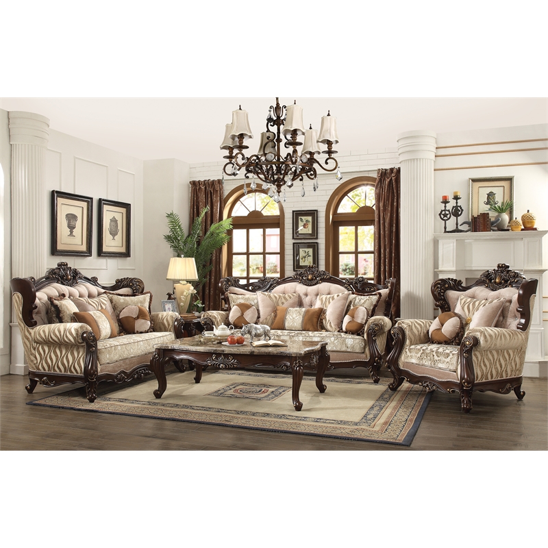 ACME Shalisa Fabric Tufted Upholstered Wingback Loveseat in Walnut