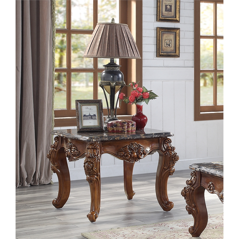 ACME Forsythia Square End Table with Queen Anne Legs in Marble and Walnut