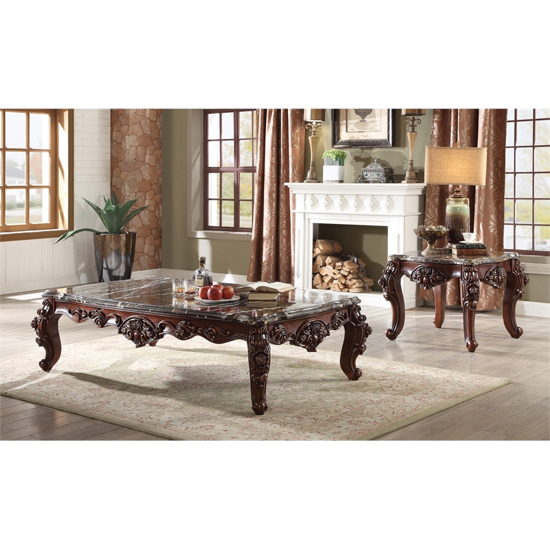 ACME Forsythia Square End Table with Queen Anne Legs in Marble and Walnut