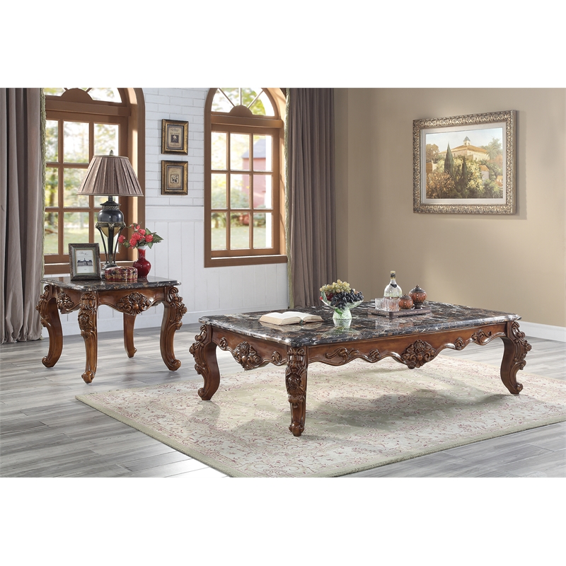 ACME Forsythia Square End Table with Queen Anne Legs in Marble and Walnut