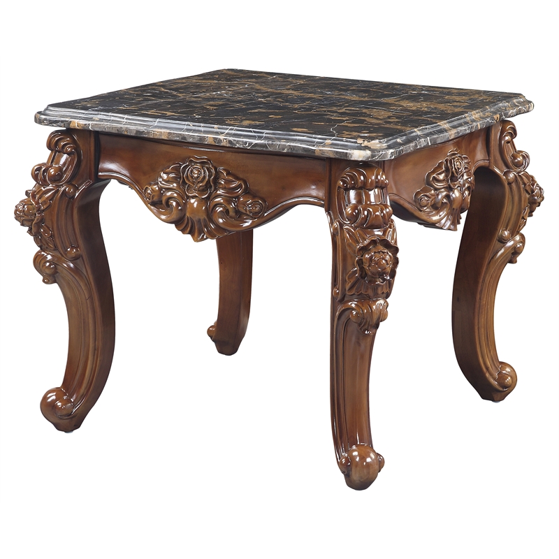 ACME Forsythia Square End Table with Queen Anne Legs in Marble and Walnut
