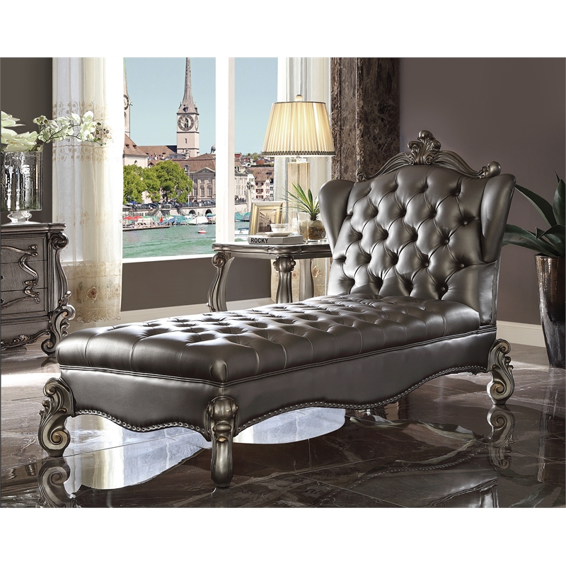 ACME Versailles Faux Leather Tufted Chaise Lounge in Silver and Antique Platinum