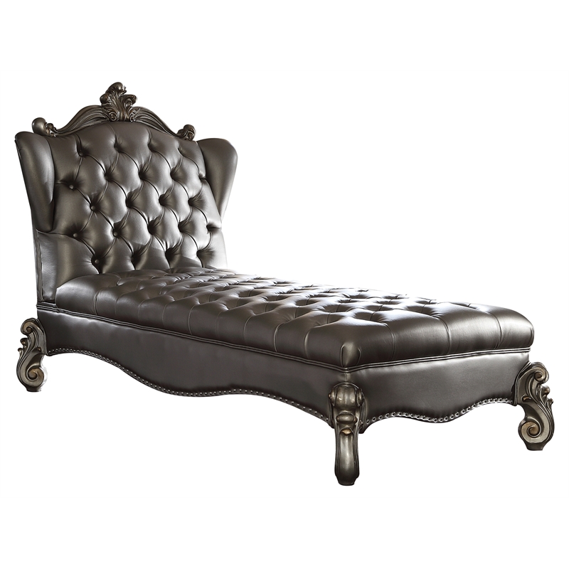 ACME Versailles Faux Leather Tufted Chaise Lounge in Silver and Antique Platinum