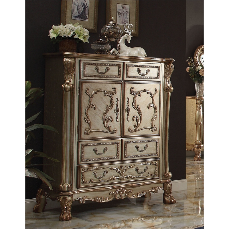 ACME Dresden 5-Drawer Wooden Chest in Gold Patina and Brown