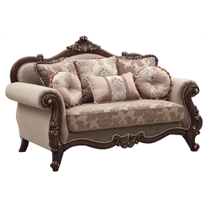 acme mehadi upholstery rolled arm loveseat with queen leg in walnut
