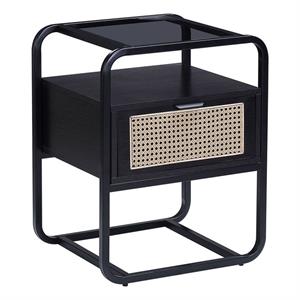 acme colson 1-drawer metal frame accent table with glass top in black