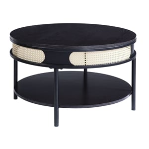 acme colson round wood top coffee table with bottom shelf in black
