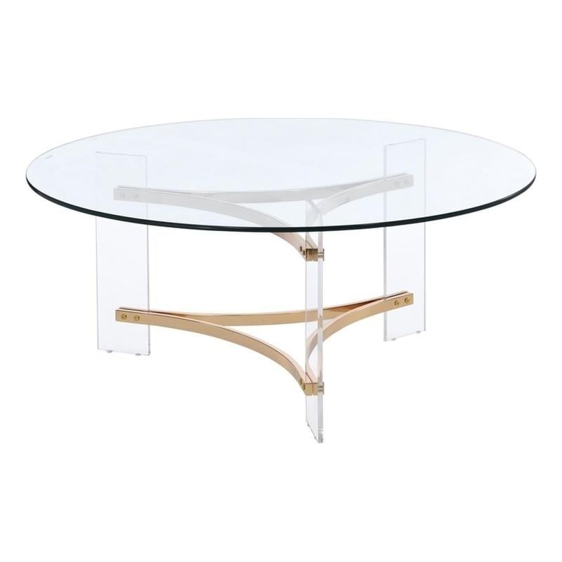 ACME Sosi Round Tempered Glass Top Coffee Table in Clear and Gold