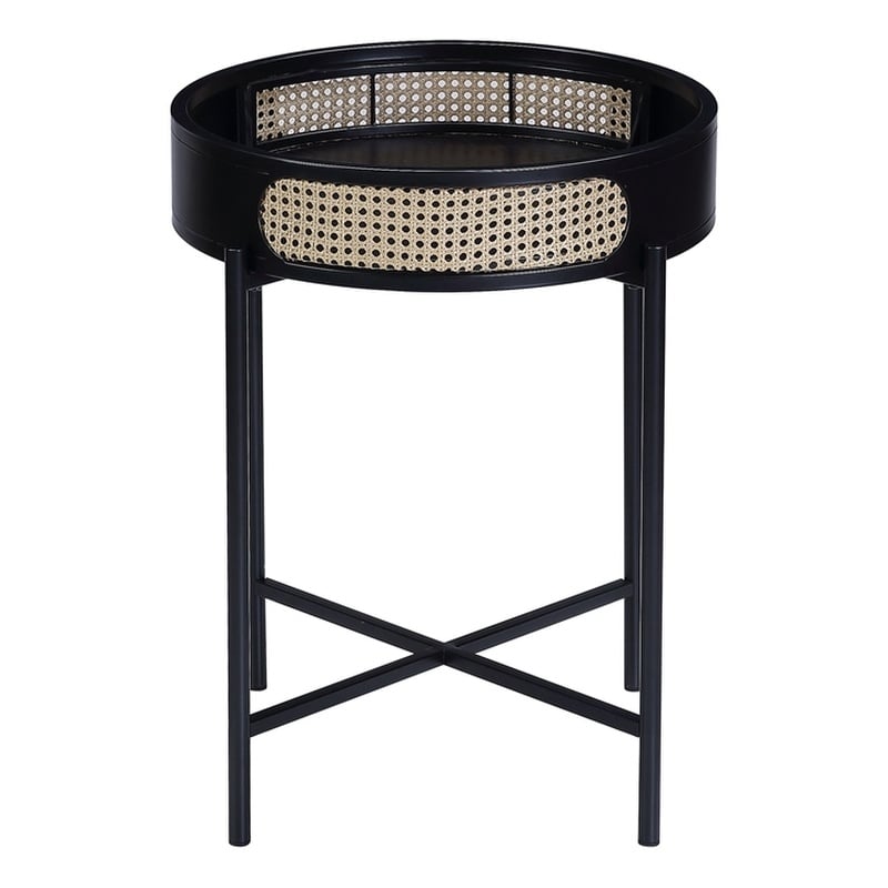 ACME Colson Tray Top Round Wooden End Table with Rattan Insert in Black