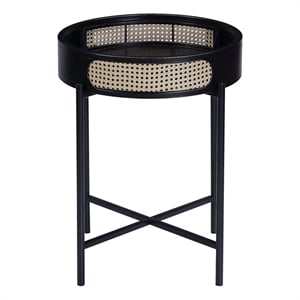 ACME Colson Tray Top Round Wooden End Table with Rattan Insert in Black