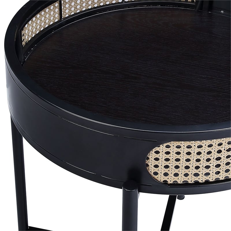 ACME Colson Tray Top Round Wooden End Table with Rattan Insert in Black