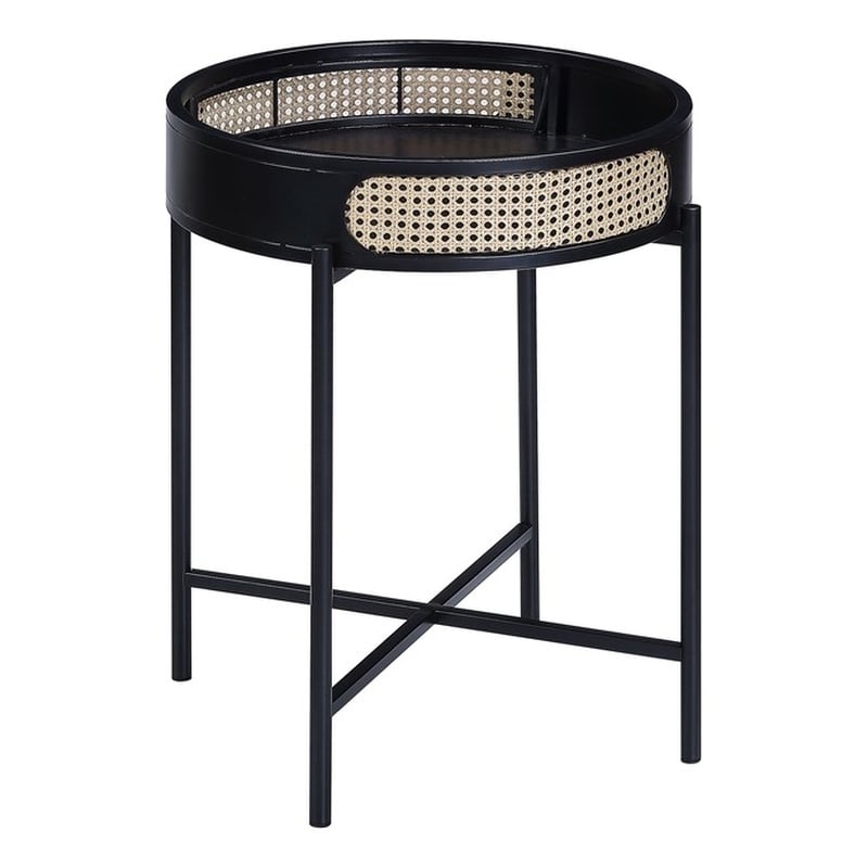 ACME Colson Tray Top Round Wooden End Table with Rattan Insert in Black
