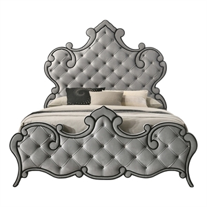 acme perine tufted velvet upholstered eastern king panel bed in gray