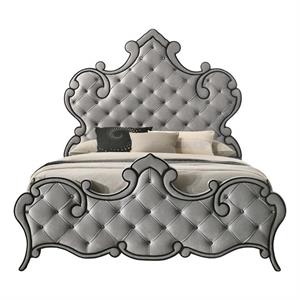 acme perine tufted velvet upholstered queen panel bed in gray